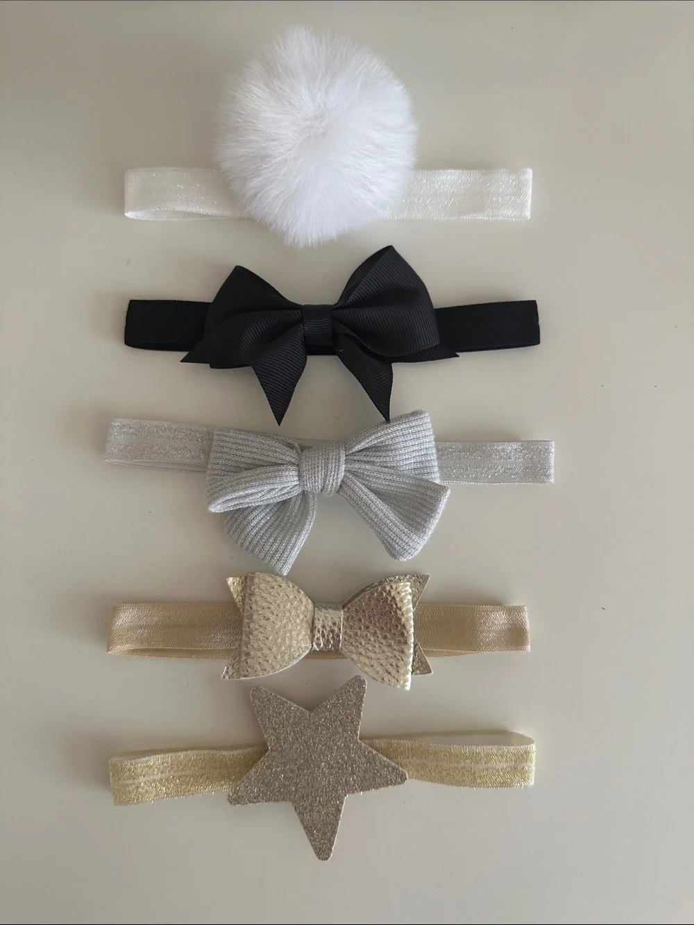 Baby Girls Elastic Bow & Pom Headband Set - White, Silver, Black, Gold